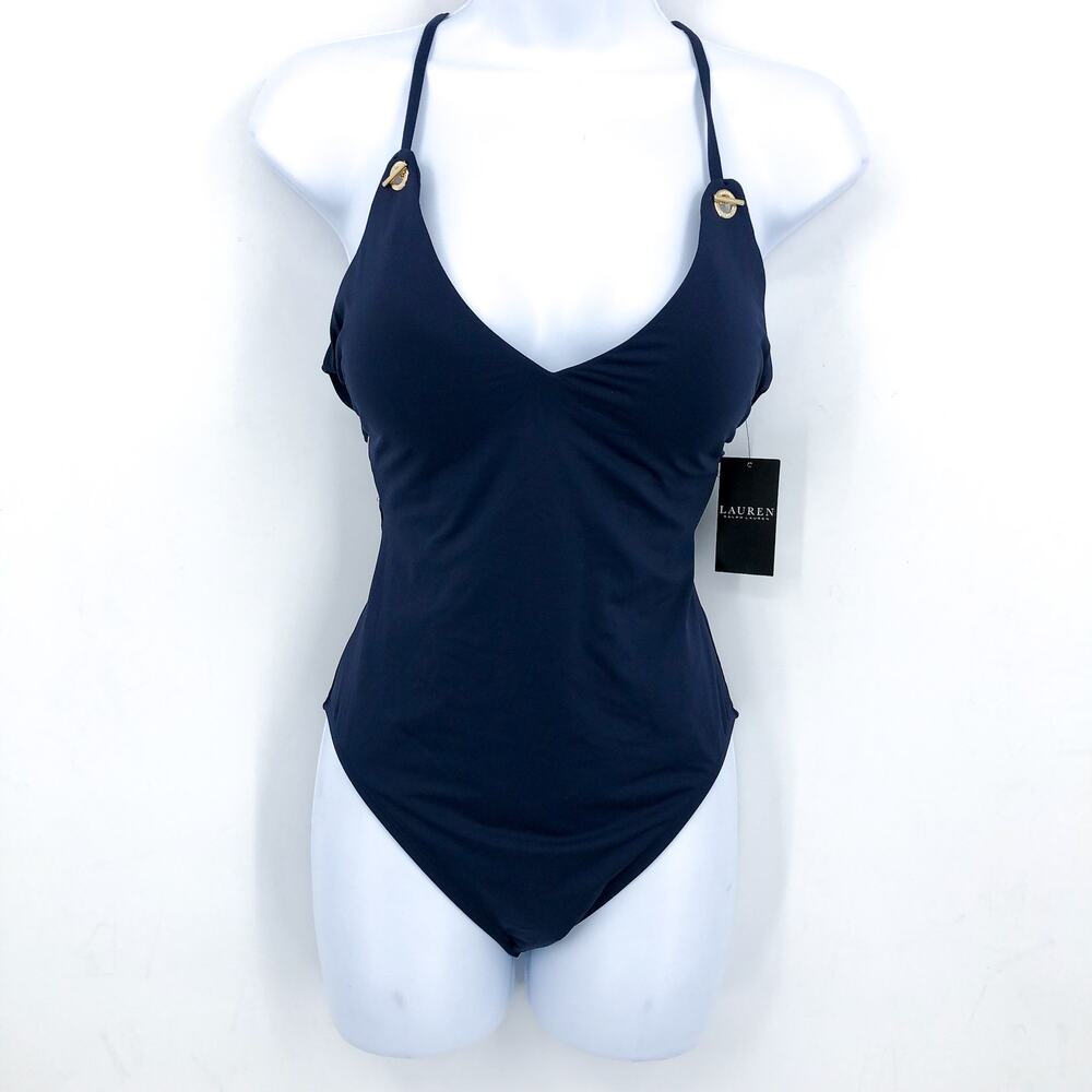 LAUREN RALPH LAUREN Strappy Plunge One-Piece Size 12 Blue Dark Navy Vneck NWT - Picture 3 of 11